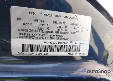 1999 Mazda Mx-5 Miata Leather Pkg/Popular Equipment Pkg/Sports Pkg/Touring Pkg from USA, damaged, VIN JM1NB3535X0107141